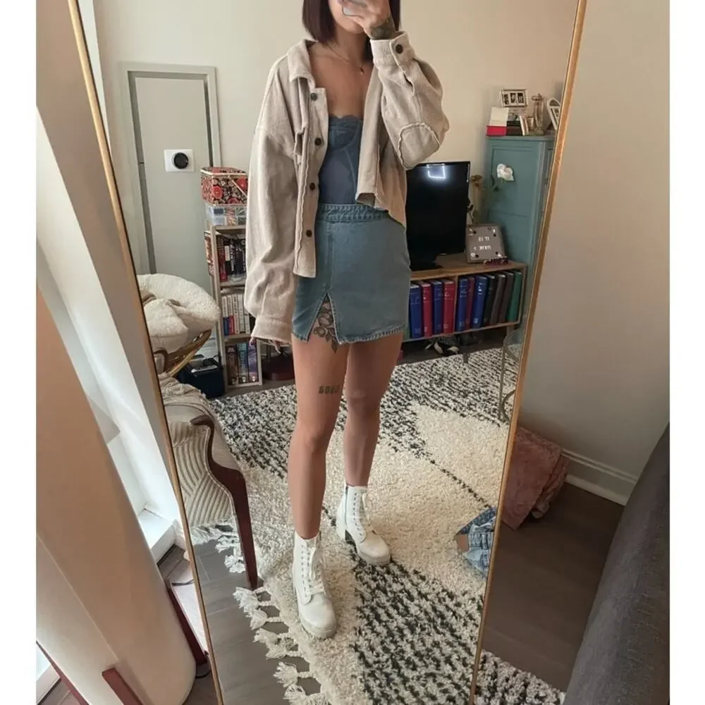 Forever 21 Beige Fleece Oversized Shirt Jacket Boxy Button Up Shacket Womens L